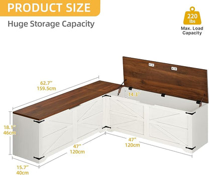 DWVO L-Shaped Storage Bench, 18" High Corner Dining Bench with Safety Hinges, Wooden Nook Chest for Living Room, Bedroom | Corner L-shaped design, slow-close safety hinges, hidden storage, fits living room bedroom dining nook, easy to assemble