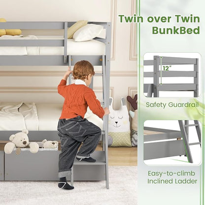 KOMFOTT Twin Over Twin Bunk Bed with 2 Roll-Out Drawers, Wood Bunk Bed Frame with Removable Storage Box, Bunk Bed with Ladder & Safety Guardrail for Dorm Apartment Home, No Box Spring Needed (Grey)