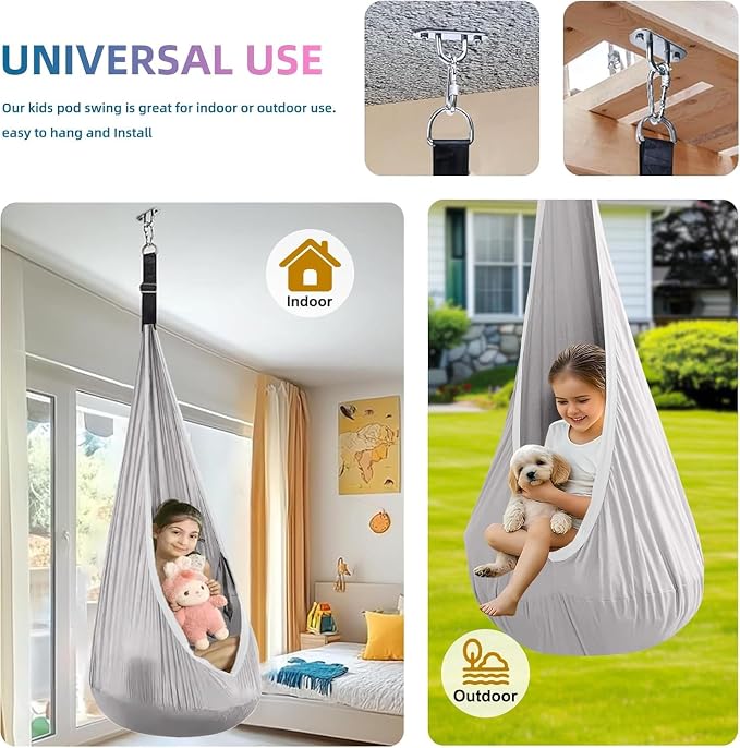 Kids Swing Seat Hammock Chair Indoor Outdoor Hanging Chair for Children,Soft & Safe with High Weight Capacity, Easy Install Perfect for Bedroom, Garden, Playroom (Gray)