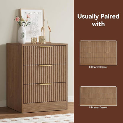 8 Drawer Dresser & 3 Drawer Nightstand Set 3-Piece, Tall Fluted Dresser and Night Stand Set of 2 w/Metal Handle, Modern Wood Chest of Drawers Storage Dressers Set for Bedroom, Natural Wood