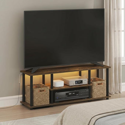 Furinno Turn-N-Tube TV Stand with LED Lights, 3-Tier No Tools 3D Entertainment Center, TV Console for TV up to 50 Inch, for Living Room, Bedroom, Amber Pine