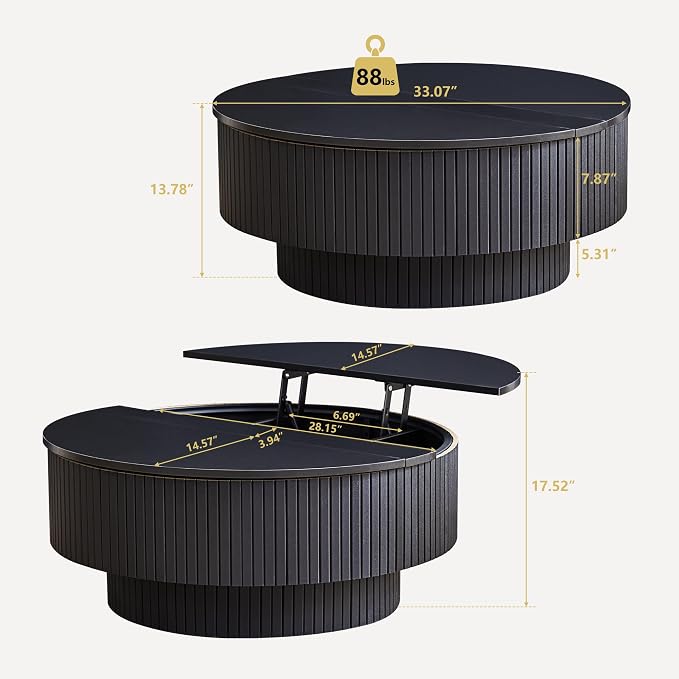 33" Round Coffee Table with Lift-Top & Flip-Top Storage, Modern Accent Fluted Coffee Tables with Metal Frame, Wooden Circle Center Table for Living Room Small Space Apartment Office (Black)