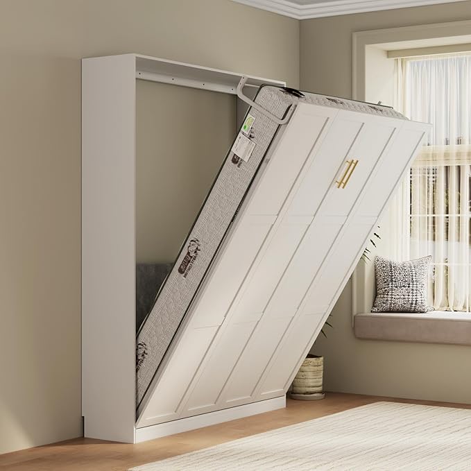 Bobve Farmhouse Murphy Bed Queen, 85" Wall Bed Folds to Save Space, Concealed Bed Frame with Hydraulic Rod and Wall Mounted Features for Apartment/Office/Guest Room