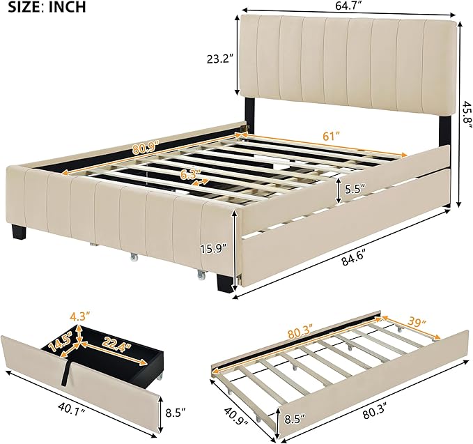Bellemave Queen Bed Frame with Trundle Bed,Velvet Upholstered Platform Bed Frame with Storage Drawers,Queen Size Trundle Bed with Headboard for Kids Teens Adults,Beige