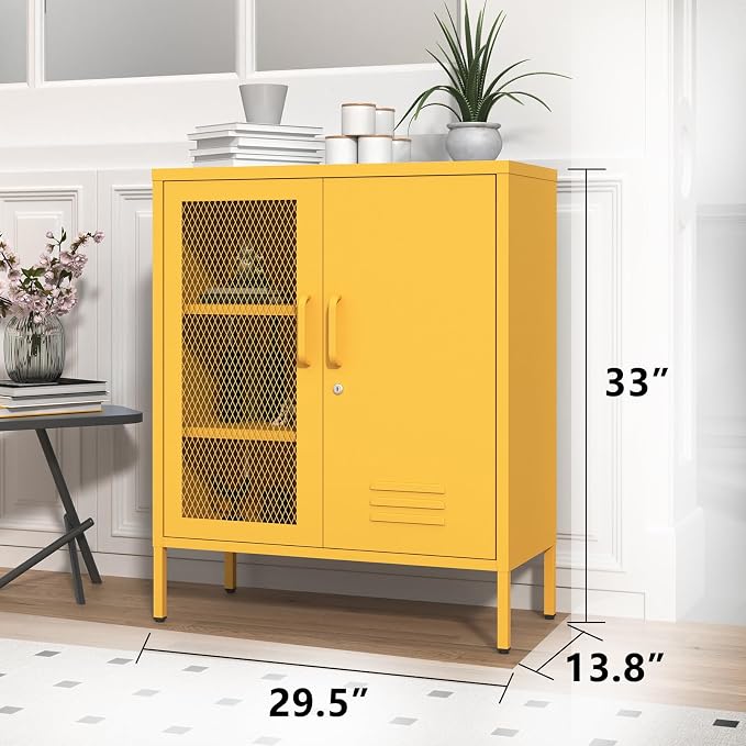 Yellow Metal Locker CabinetsMetal Locker Storage Cabinet with Mesh Doors and Adjustable Shelves Coffee Bar Cabinet,Kitchen Pantry Storage Cabinets for Home, Office, Entryway and Hallway