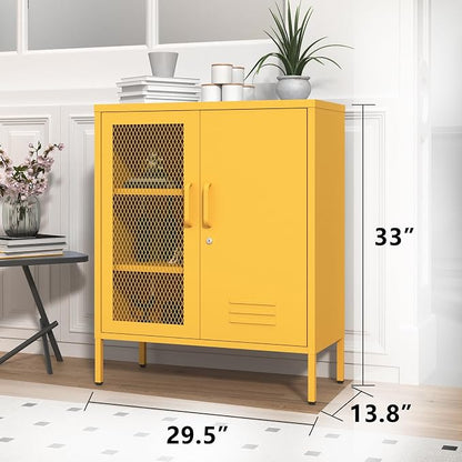 Yellow Metal Locker CabinetsMetal Locker Storage Cabinet with Mesh Doors and Adjustable Shelves Coffee Bar Cabinet,Kitchen Pantry Storage Cabinets for Home, Office, Entryway and Hallway