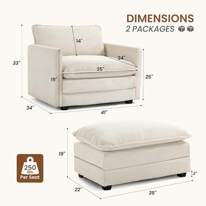 ROWHY Single Armchair with Ottoman, Modern Corduroy Cloud Couch with Convertible Chaise, Upholstered Sofa Set for Living Room, Beige