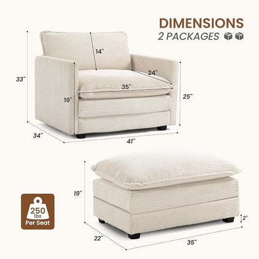 ROWHY Single Armchair with Ottoman, Modern Corduroy Cloud Couch with Convertible Chaise, Upholstered Sofa Set for Living Room, Beige