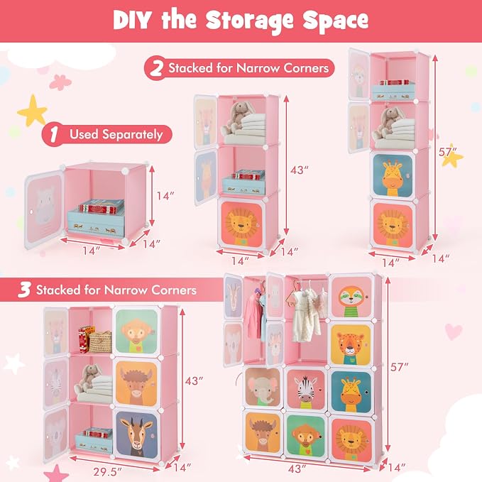 HONEY JOY Kids Wardrobe Closet, Baby Cartoon Clothes Storage Organizer, 12 Cubes & 2 Hanging Sections, Portable Children DIY Modular Bedroom Armoire Dresser Cabinet for Boys Girls (Pink)