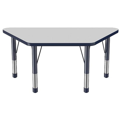 FDP Trapezoid Activity School and Classroom Kids Table (24 x 48 inch), Chunky Toddler Legs for Collaborative Seating Environments, Adjustable Height 15-24 inches - Gray Top and Navy Edge