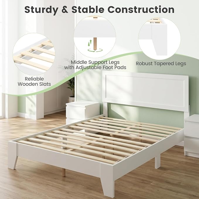 KOMFOTT Full Size Bed Frame, Modern Platform Bed with Headboard, Wooden Slat Support Mattress Foundation, Under-Bed Storage Space, No Box Spring Needed (White,Full)