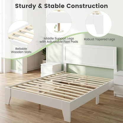KOMFOTT Full Size Bed Frame, Modern Platform Bed with Headboard, Wooden Slat Support Mattress Foundation, Under-Bed Storage Space, No Box Spring Needed (White,Full)