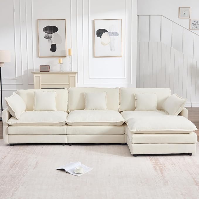 111.5" Modular Sectional Sofa, Large L Shaped Sectionals Cloud Couch, Big Comfy 3-Seat Couch with Ottoman, 4 Seater Chenille Sectional Sofa with Deep Seat and 5 Pillows for Living Room- Beige