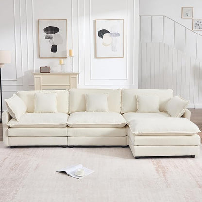 111.5" Modular Sectional Sofa, Large L Shaped Sectionals Cloud Couch, Big Comfy 3-Seat Couch with Ottoman, 4 Seater Chenille Sectional Sofa with Deep Seat and 5 Pillows for Living Room- Beige