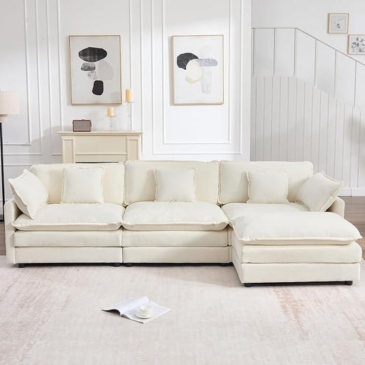 111.5" Modular Sectional Sofa, Large L Shaped Sectionals Cloud Couch, Big Comfy 3-Seat Couch with Ottoman, 4 Seater Chenille Sectional Sofa with Deep Seat and 5 Pillows for Living Room- Beige