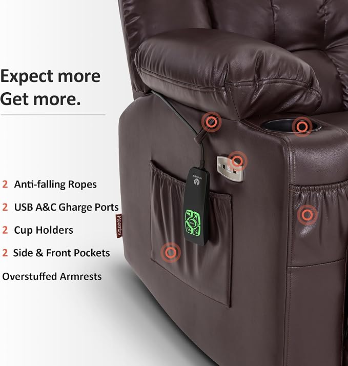 MCombo Small Dual Motor Power Lift Recliner Chair for Petite Elderly, Zero Gravity Lift Chair with Heat and Massage, Infinite Position, USB Ports,Faux Leather 7893 (Dark Brown, Small)