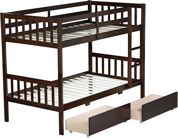 Harper & Bright Designs Twin Over Twin Bunk Bed with 2 Drawers, Convertible into 2 Twin Beds, Twin Bunk Bed with Ladder and Safety Guardrails, Espresso