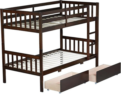 Harper & Bright Designs Twin Over Twin Bunk Bed with 2 Drawers, Convertible into 2 Twin Beds, Twin Bunk Bed with Ladder and Safety Guardrails, Espresso