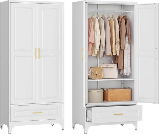 Metal Armoire Wardrobe Closet with Hanging Rod, 71" Tall Wardrobe Cabinet with Doors and Adjustable Shelves, Clothing Storage Cabinets with Drawer for Bedroom, Home
