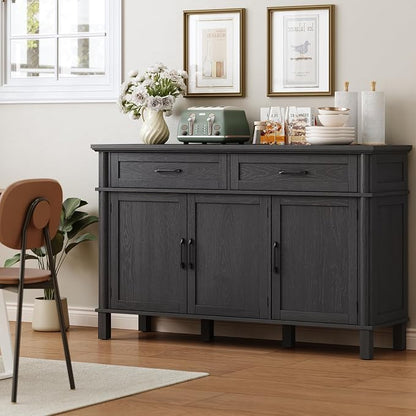 ONBRILL 55 Inch Buffet Cabinet with Storage, Farmhouse Sideboard Buffet w/2 Drawers and 3 Doors, Wood Coffee Bar Cabinet with Adjustable Shelves, Sideboard Storage for Kitchen, Living Room, Black