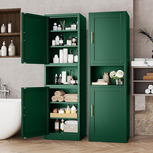 Tall Metal Narrow Bathroom Storage Cabinet 67" H, Tall Green Pantry Cabinets with 4 Adjustable Shelves and 2 Doors for Kitchen, Home Office, Living Room, Dining Room(20 inches Wide)