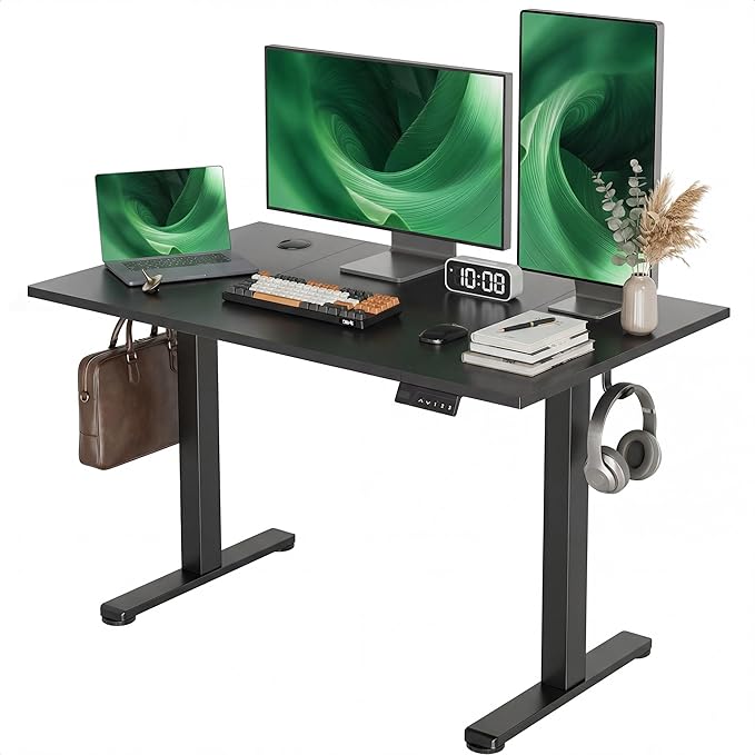 Claiks Electric Standing Desk, Adjustable Height Stand up Desk, 48x24 Inches Sit Stand Home Office Desk with Splice Board, Black Frame/Deep Black Top