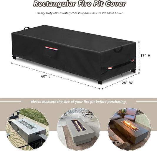 Rectangular Fire Pit Cover 60 inch,Heavy Duty 600D Waterproof Propane Gas Fire Pit Table Cover,Also Suitable for Outdoor Waterproof Firepit Table Cover 60 X 28 X 17 Inch Black