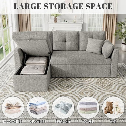 Huatean Home Sleeper Sofa Couch, 2 in 1 Sectional Sleeper Couch Bed with Side Pocket, Pullout Sofa Bed with Storage Chaise for Living Room, Light Grey