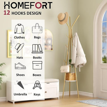 HOMEFORT Coat Rack, Coat Hanger Stand with 2 Shelves, Freestanding Hall Tree, Metal Hat Hanger with 12 Hooks for Clothes Hats and Scarves (Gold)
