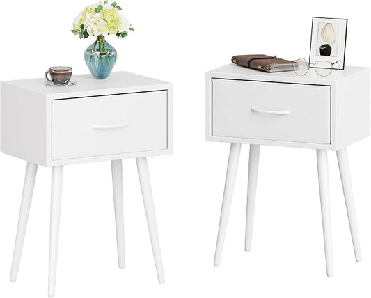 Small White Nightstands Set of 2, Bedside Table with Fabric Drawer, Modern End Table with Metal Leg, Couch Side Table for Bedroom Living Room, Sofa, Office LNT504W