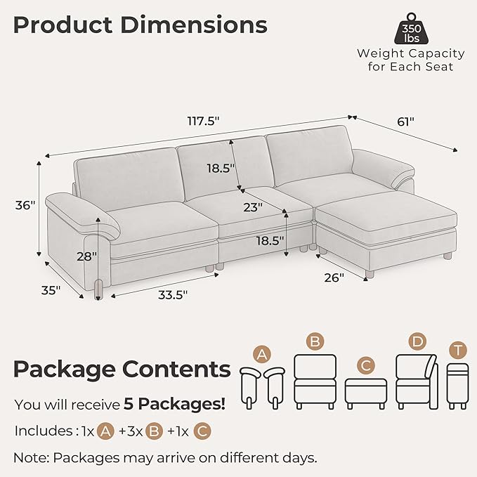 SITJOY Large Cloud Couch, 118" Wide 3 Seater L Shape, Light Gray Chenille | Detachable and Washable Chenille Cover Sectional Sofas for Living Room, Deep Seat Wide Couch with Chaise, Storage Ottoman