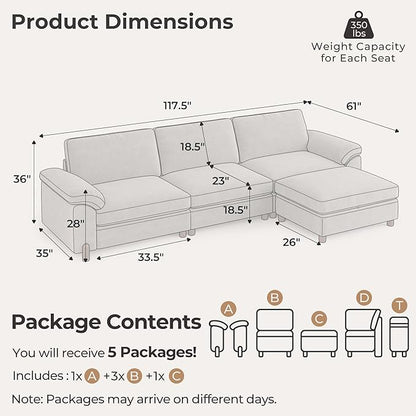 SITJOY Large Cloud Couch, 118" Wide 3 Seater L Shape, Light Gray Chenille | Detachable and Washable Chenille Cover Sectional Sofas for Living Room, Deep Seat Wide Couch with Chaise, Storage Ottoman
