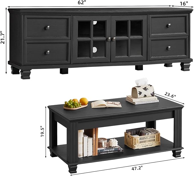 SAVOR LIFE Farmhouse Coffee Table and TV Stand Set of 2, Rustic Wood Living Room Table Set 2 with Center Table, TV Console for Living Room, Black
