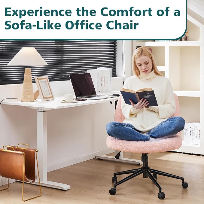 OLIXIS Criss Cross Chair with Wheels Wide Cross Legged Office Desk Vanity Chair Comfy Fabric Armless Adjustable Swivel for Home Computer Task Teddy Pink