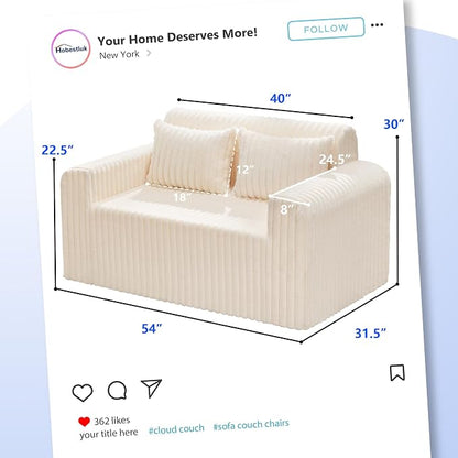 Hobestluk Couch Sofa 2-Seater Foam Sofa Loveseat for Small Spaces Comfy Sofas with Removable Cover Furry Couch with Pillows for Living Room, Bedroom, Apartment, Office (White, Loveseat)