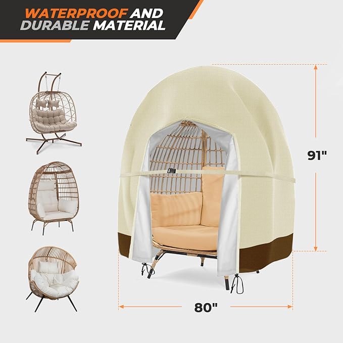 Patio Egg Chair Cover Double Wicker Egg Chair Covers for Outdoor Furniture Egg Swing Loveseat Cover Waterproof 420D Patio Chair Cover 91x80 inches (Beige)