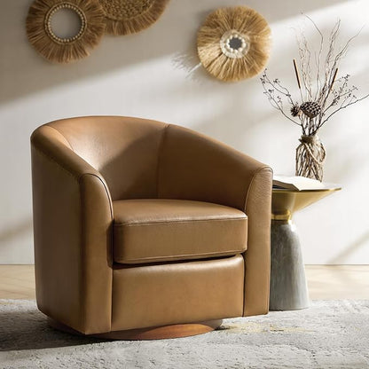 HULALA HOME Genuine Leather Swivel Barrel Chair, Round Swivel Accent Chair with Solid Wood Base, No Assembly Required, Camel