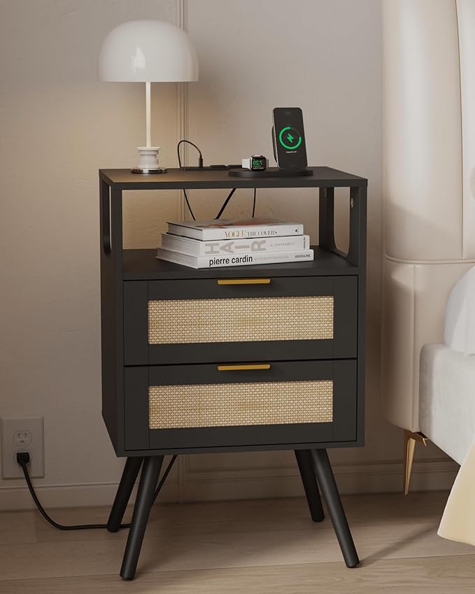 JOONEE Rattan Nightstand with Charging Station,Farmhouse Bedside Table with 2 Storage Drawer and Open Wood Shelf, for Bedroom and Small Spaces,Night Stand with Solid Wood Legs (Black-Outlet)