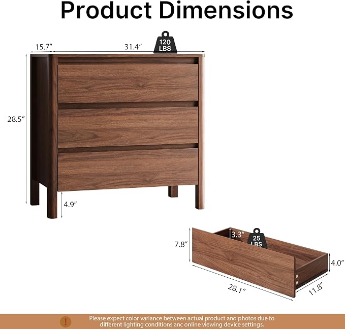 MAISONARIA Walnut 3-Piece Dresser Bedroom Set, 6 Drawers Dresser & 3 Drawer Nightstands with Hidden Handles, Wood Chest of Drawers for Bedroom, Living Room, Entryway