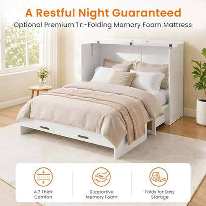 CECER Queen Size Murphy Bed with Mattress for Guest/Small Space-White | Built-in Multi-Port Charging Station ＆ Large Storage Drawer，Space Saving ＆ Easy Assemble and Conversion