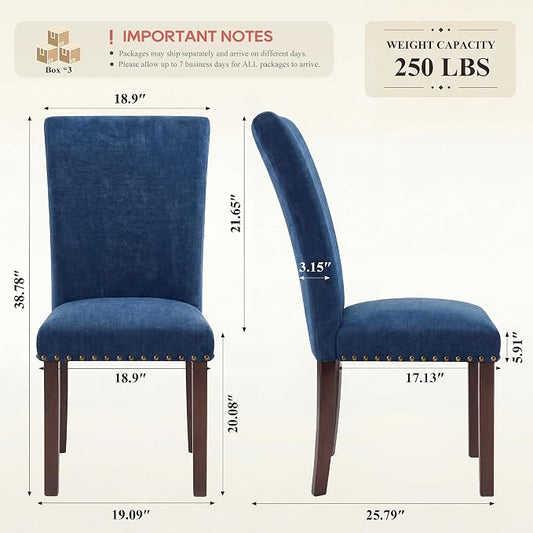 MALOL Dining Chairs Set of 6, High Back Dining Chair with Wood Legs and Nailhead Trim, Modern Padded Kitchen Room Chairs for Dining Room/Restaurant, Dark Blue