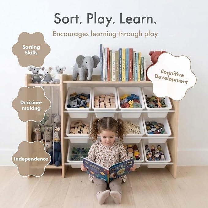 Humble Crew Toy Storage Organizer with Stuffed Animal Storage, 12 Removable Storage Bins for Kids Playroom, Toy Organization and Storage, Solid Wood, Natural/White