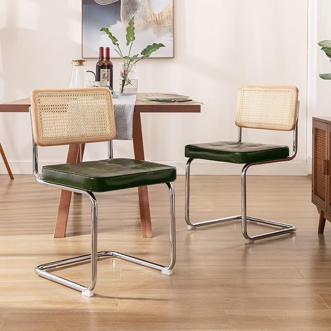 Zesthouse Natural Rattan Dining Chairs Set of 6, Mid Century Modern Dining Room Chairs with Chrome Leg, Faux Leather Kitchen Chair with Solid Wood Back & Cane Mesh, Breuer Cesca Design Inspired, Green