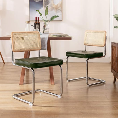 Zesthouse Natural Rattan Dining Chairs Set of 6, Mid Century Modern Dining Room Chairs with Chrome Leg, Faux Leather Kitchen Chair with Solid Wood Back & Cane Mesh, Breuer Cesca Design Inspired, Green
