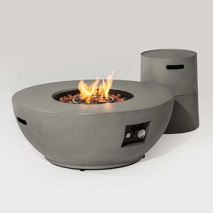 36" Propane Gas Fire Pit Table Set, 50000 BTU Round Steel Outdoor Fire Pit with Tank Holder & Lid, Patio Fire Table for Backyard, Deck, Garden, Grey