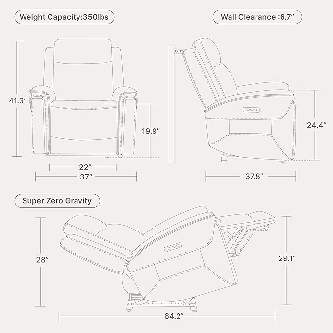 Watson & Whitely Super Zero Gravity Power Recliner Chair with Power Headrest, Genuine Leather Recliner with USB & Type-C Ports, Electric Reclining Sofa Chair for Living Room, Bedroom, Light Grey