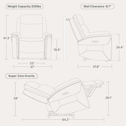 Watson & Whitely Super Zero Gravity Power Recliner Chair with Power Headrest, Genuine Leather Recliner with USB & Type-C Ports, Electric Reclining Sofa Chair for Living Room, Bedroom, Light Grey