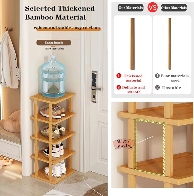 SAN HE Bamboo Shoe Rack 5Tier- Vertical Shoe Rack for Small Spaces, Tall Narrow Shoe Rack Organizer for Closet Entryway Corner Garage and Bedroom,Skinny Shoe Shelf with Free Stackable DIY