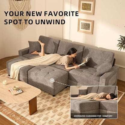 112" U Shaped Modular Cloud Sectional Couch, Waffle Fabric, Light Gray | Modular Deep Seat Sofa, Movable Ottoman, Pocket Spring Cushions, 2-Box Delivery, Living Room Lounge Use, Not Boneless