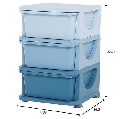 Qaba 3 Drawers Kids Storage Unit, 3 Tier Stackable Toy Organizers and Storage Chest for Bedroom, Nursery, Playroom, Living Room, Boys, Girls, Toddlers, Blue